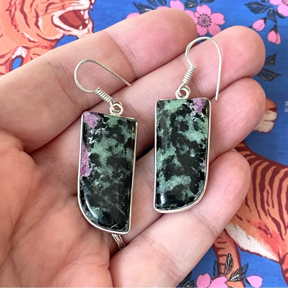 Artisan style stamped 925 sterling silver polished ruby zoisite? dangle earrings